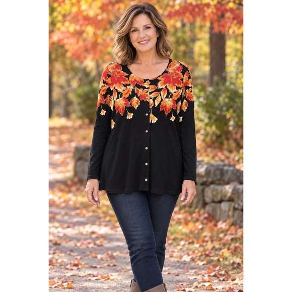 Quacker Factory Sweaters - QUACKER FACTORY (L) Black Fall Maple Leaf Print Button Cardigan  100% Cotton